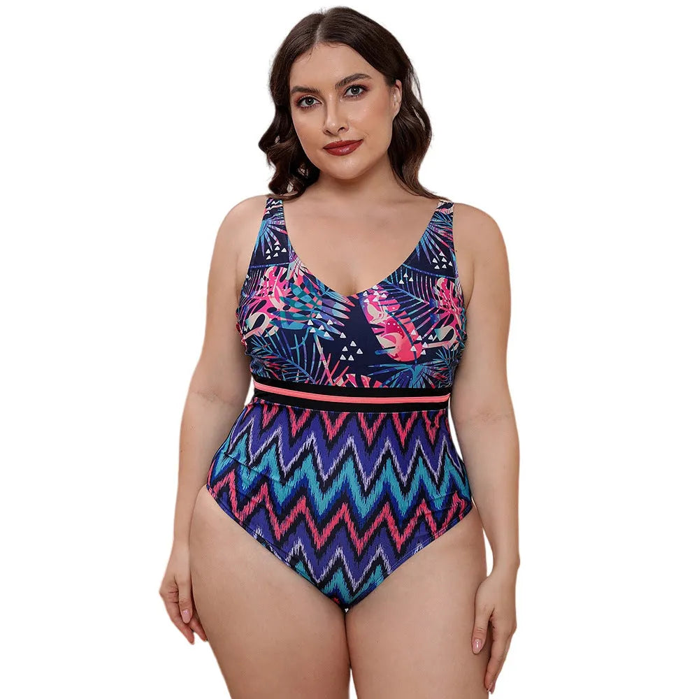Women's blue striped vest print one-piece swimsuit with spaghetti straps on a mannequin.