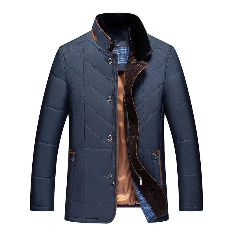 Men's solid colour winter padded coat in dark blue, shown with side seam pockets.