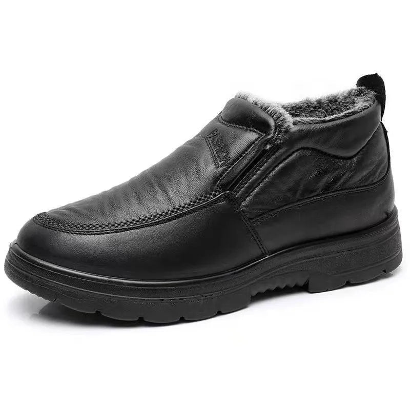 Men's black and brown fleece-lined winter slip-on shoes with a non-slip rubber sole.
