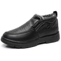 Men's black and brown fleece-lined winter slip-on shoes with a non-slip rubber sole.