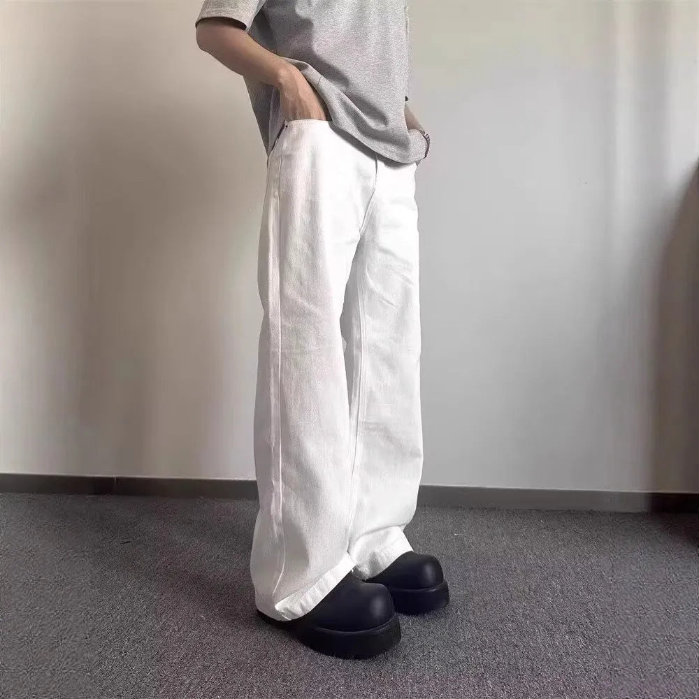 Men's white straight leg cotton denim jeans with mid waist and non-ironing finish