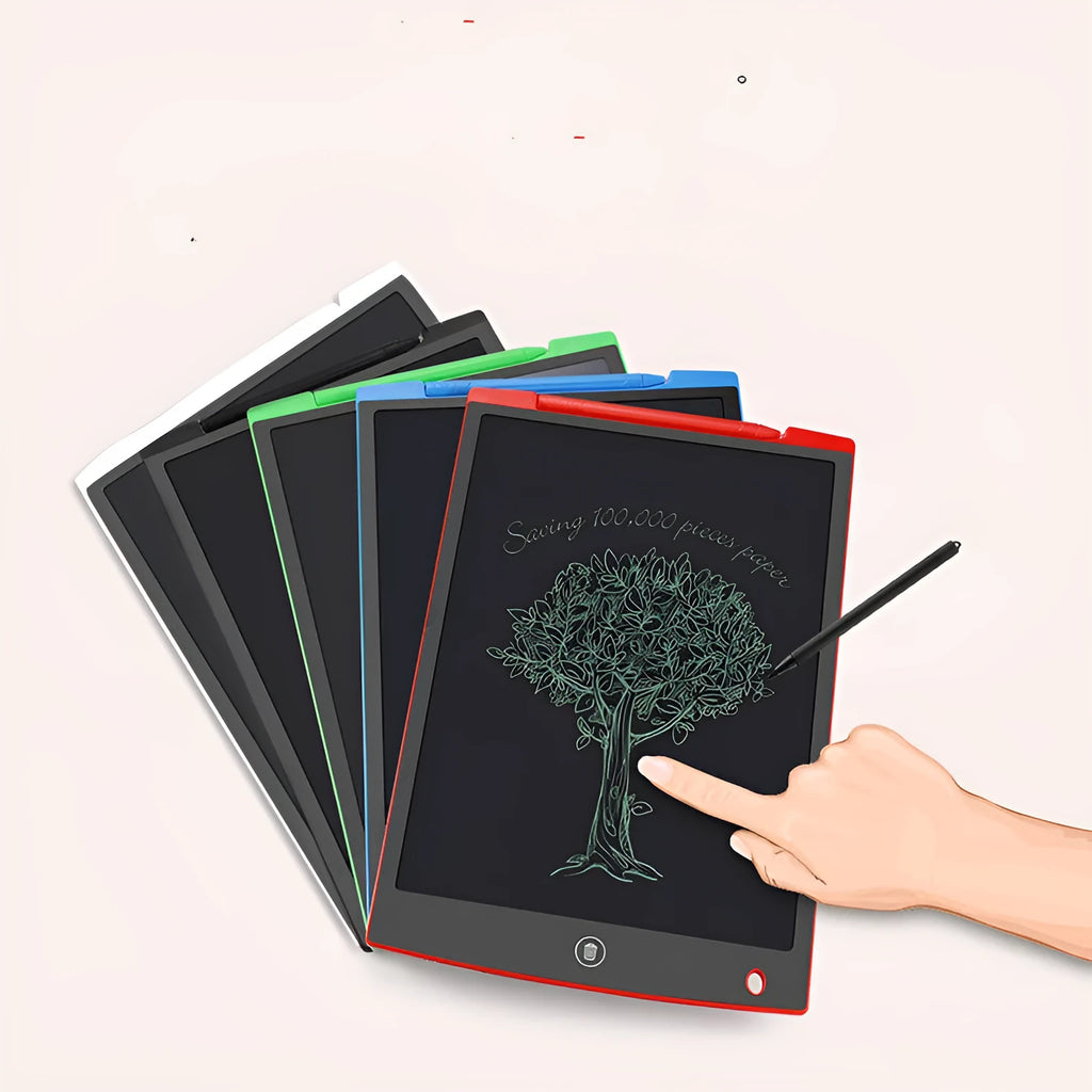 LCD electronic handwriting board for children in blue colour with stylus pen on screen.