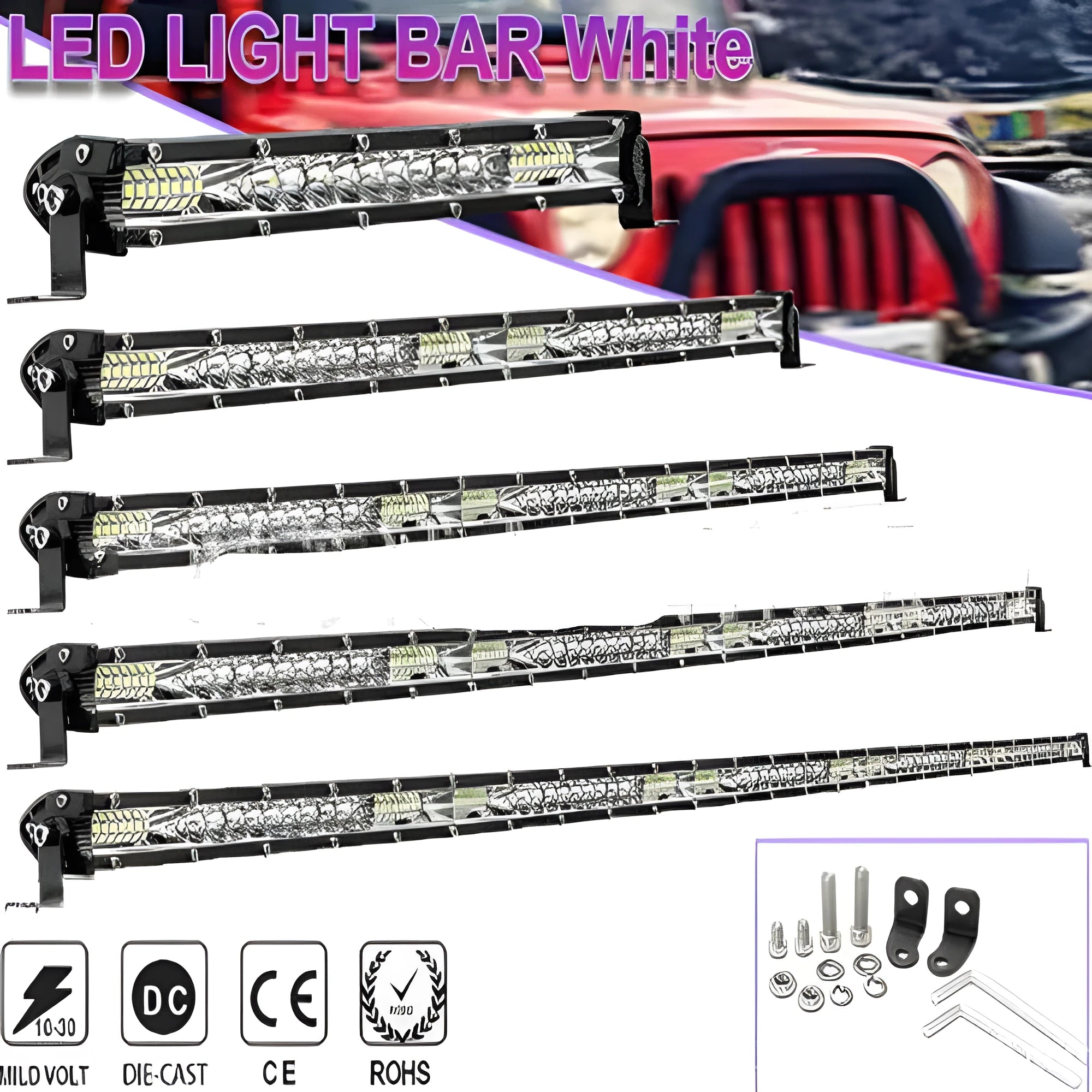 Ultra-thin aluminium alloy LED light strip for Model TY car roof or front bumper in three length options.