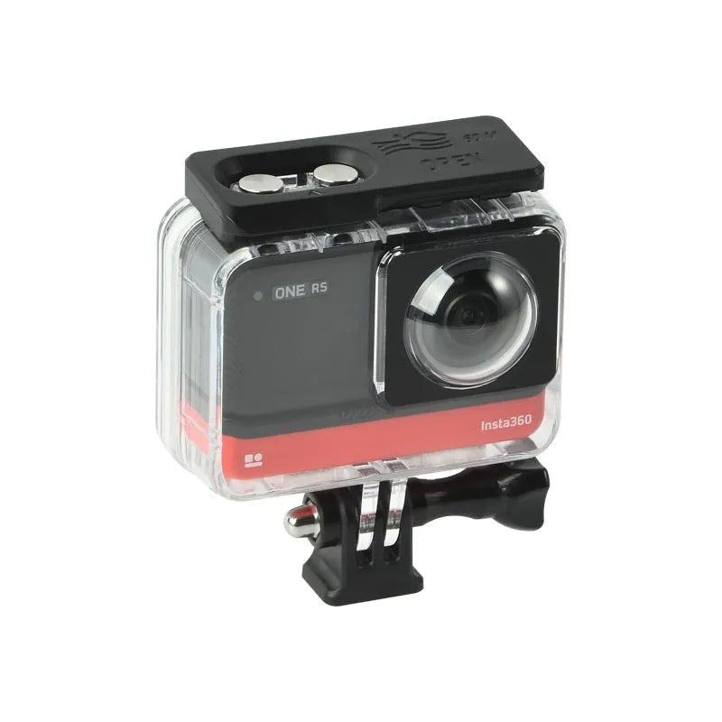 Transparent waterproof housing for Insta360 One RS panoramic camera showing dual lens protection