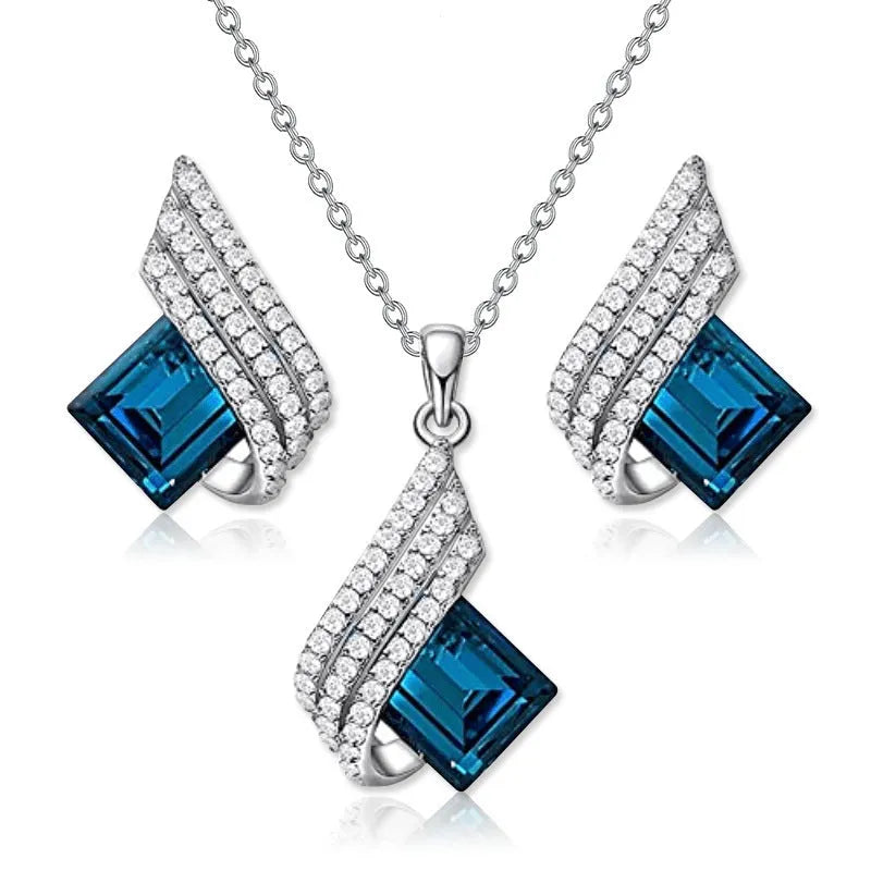 Glass cross chain necklace with matching electroplated alloy pendant ear stud earrings set for women