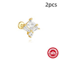 Golden S925 sterling silver geometric stud earrings with zircon stones, showing clover, crown, horse eye, and chain designs for double piercings.