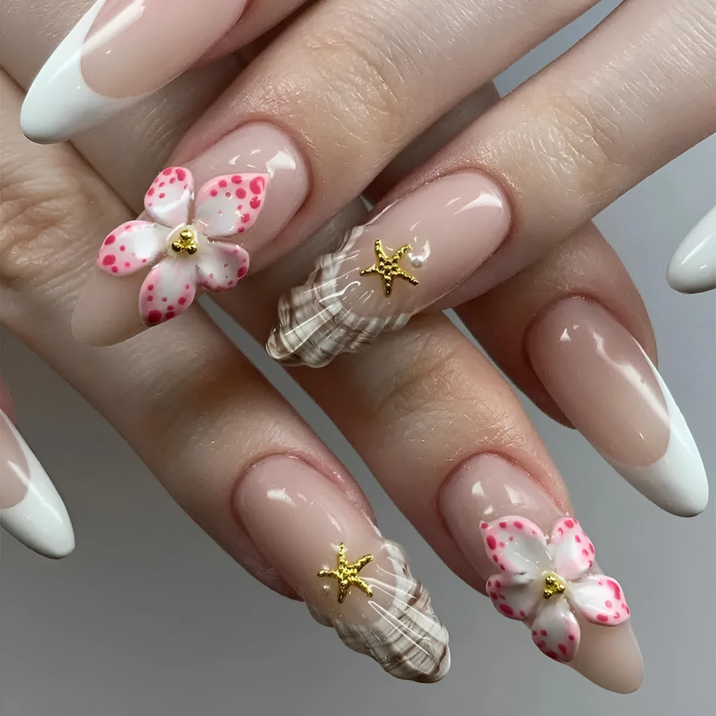 French style press-on false nails with simple flower and rock pattern design, colour W1764, in a plastic kit.