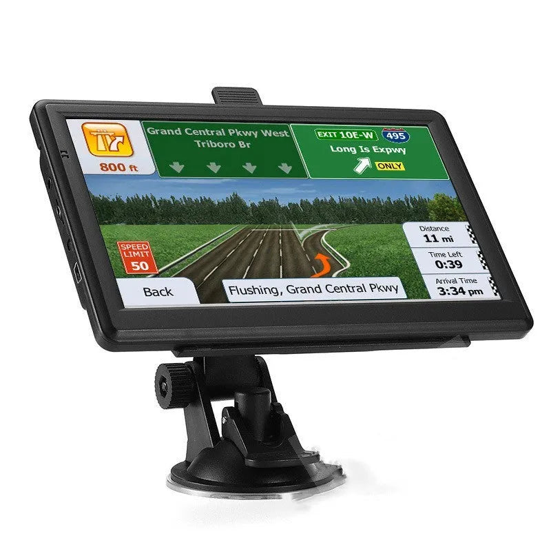 7 inch portable car GPS navigation device on a dashboard bracket showing a map on its HD touch screen.