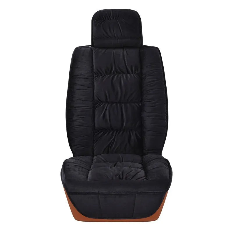 Winter short plush car seat cushion showing colour options and installation on vehicle seat