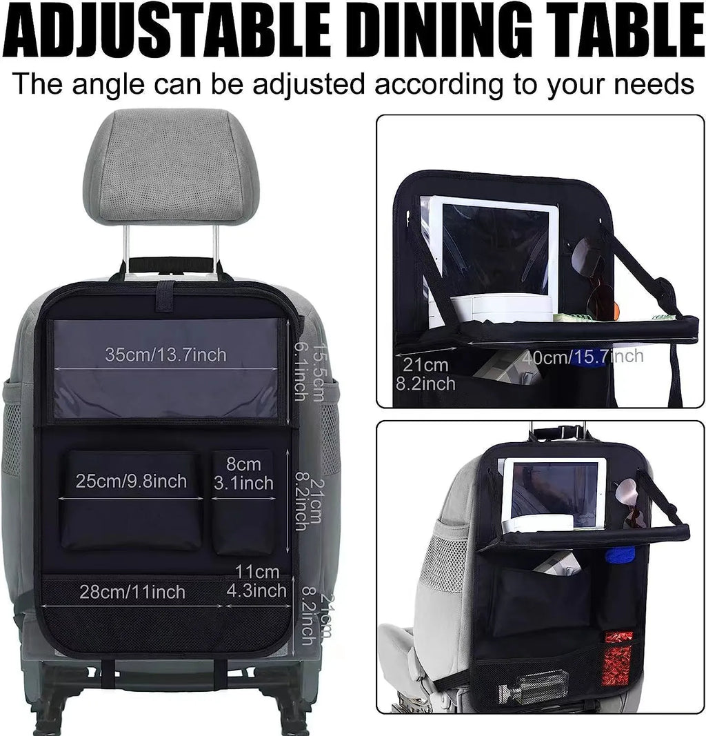 Black oxford cloth car seat back buggy bag measuring 42x30cm with hanging storage compartments
