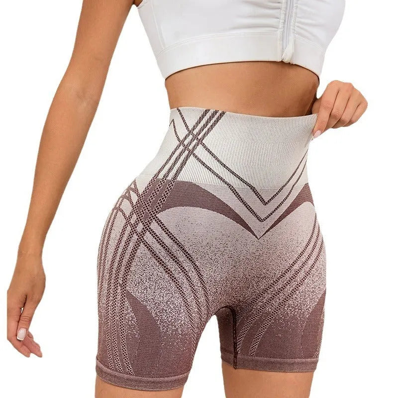 Women's high waisted gradient fitness shorts in black or brown, sized XS to L.