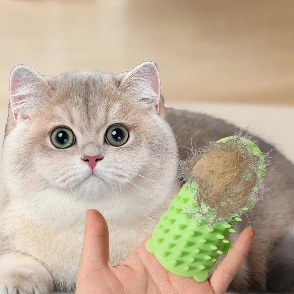 Silicone cat massage comb with rounded teeth and adjustable strap for table legs