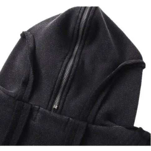 Black retro-style loose fit cotton cardigan coat with zip front, hood, and abstract pattern.