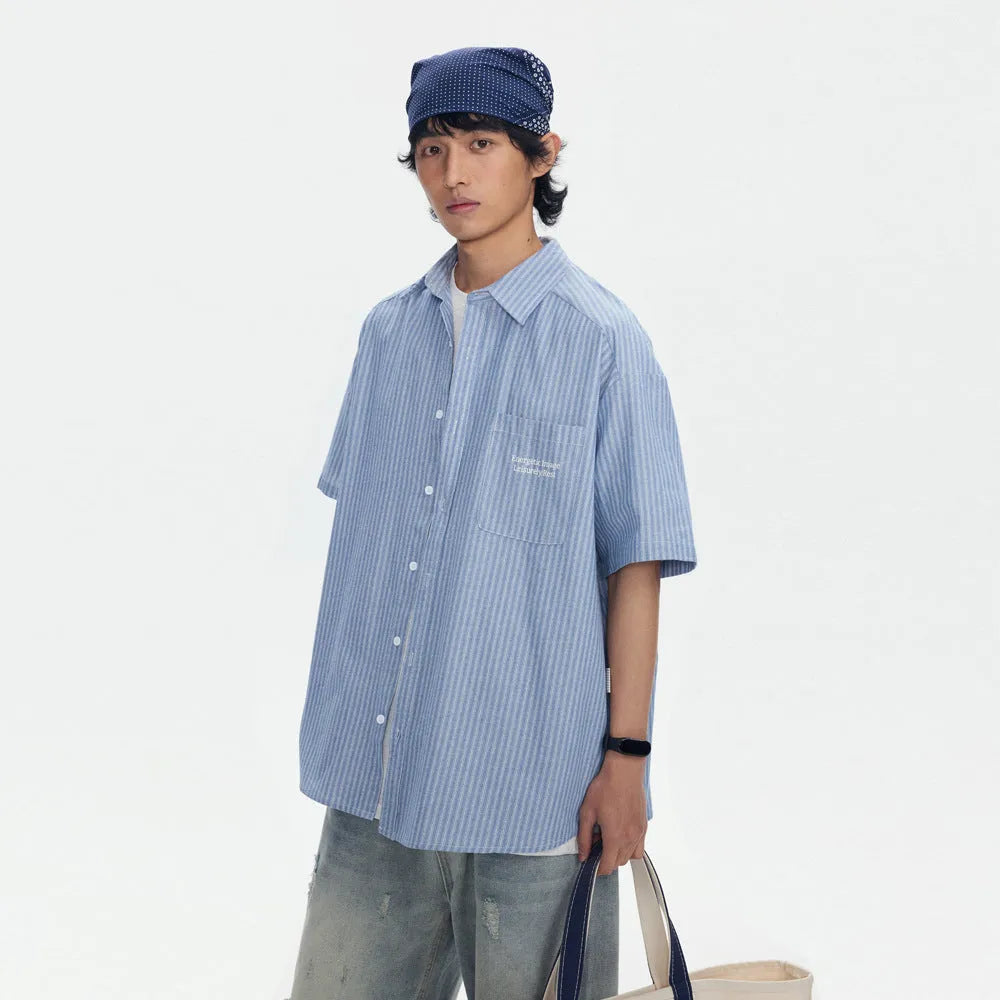 Blue striped loose-fit short-sleeved shirt in cardigan style for men and women