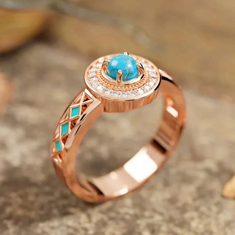 Women's turquoise ethnic style copper ring with geometric quadrangle design and micro inlaid zircon in rose gold colour