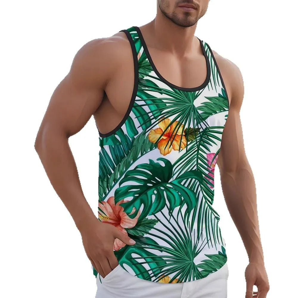 Men's 3D printed Hawaiian-style sleeveless vest t-shirt in polyester fabric