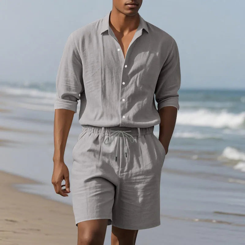 Linen two-piece beach suit set with long sleeve shirt and matching shorts in multiple colour options
