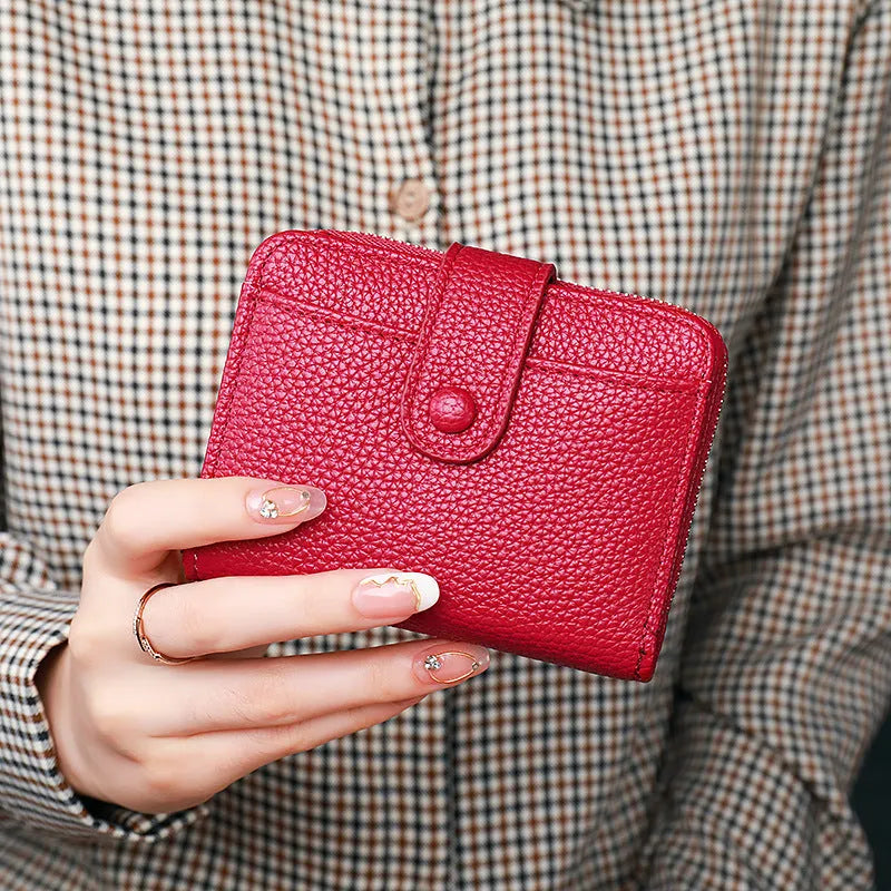 Women's lychee pattern organ short wallet in beige, pink, black, or red solid colour