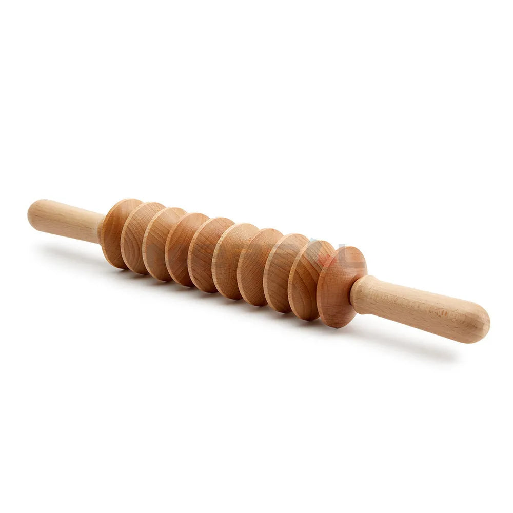 Beech wood massage roller set showing T-shaped, 9-wheel, 12-wheel straight, 12-wheel curved and 13-wheel designs