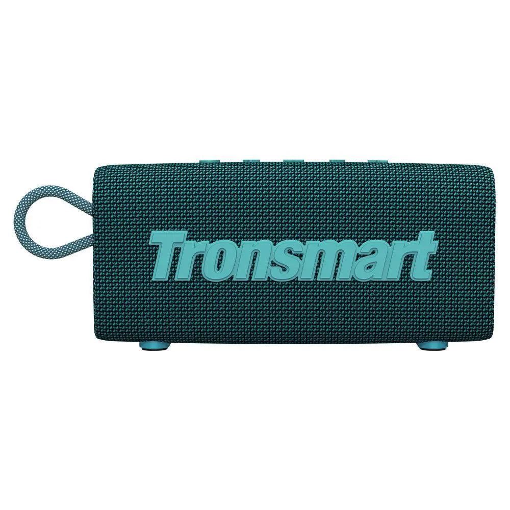 Blue portable Bluetooth speaker with waterproof rating shown outdoors