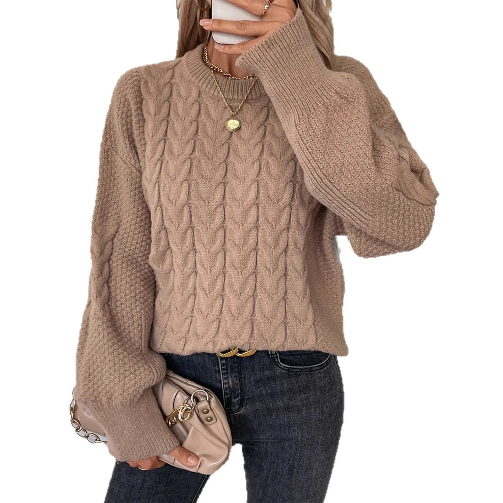 Women's loose fit casual polyester sweater in khaki colour with round neck and regular sleeves