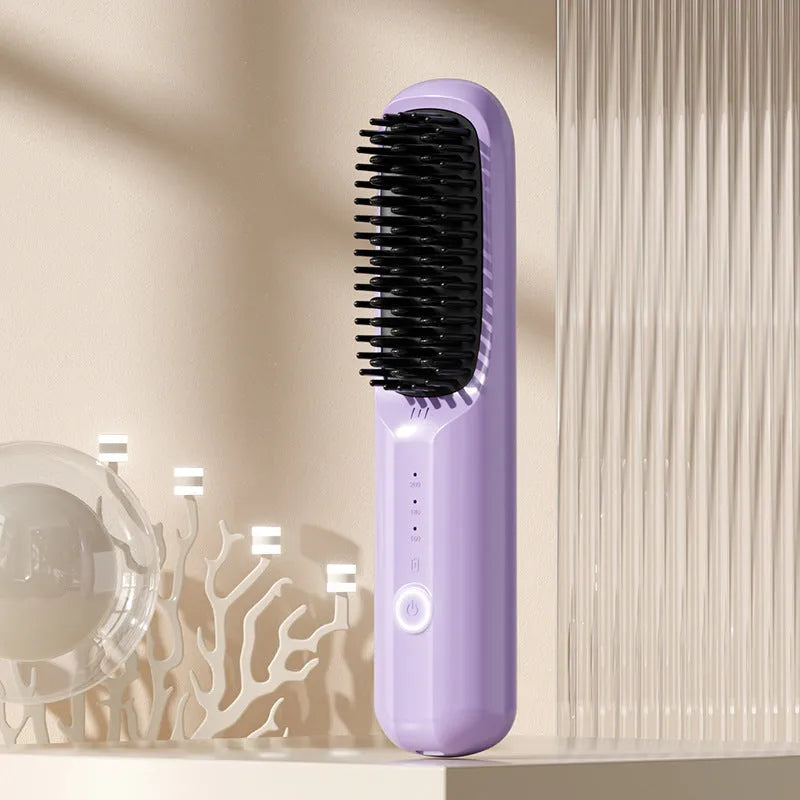 Wireless anion hair straightening comb in beige, pink, purple, or black colour options.