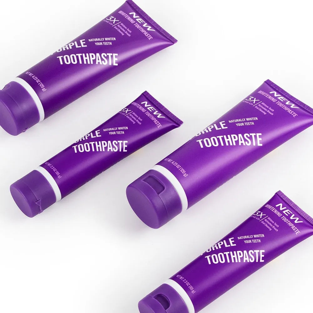 Purple whitening toothpaste tube for adults to remove yellow teeth stains in 120g and 65g sizes