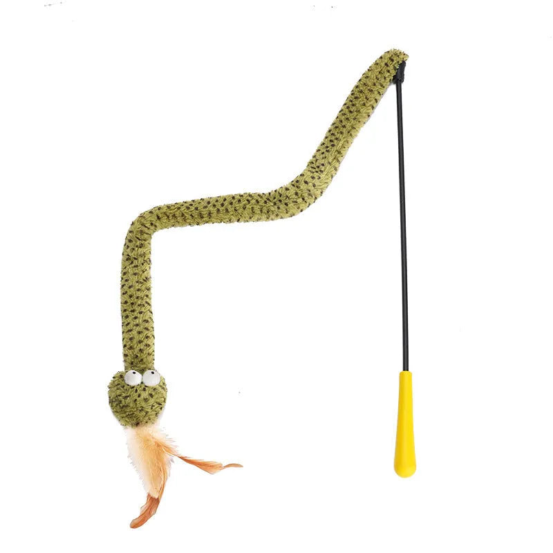 Green cat teasing stick toy with snake shape and feathers on a long 140cm pole.