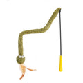 Green cat teasing stick toy with snake shape and feathers on a long 140cm pole.