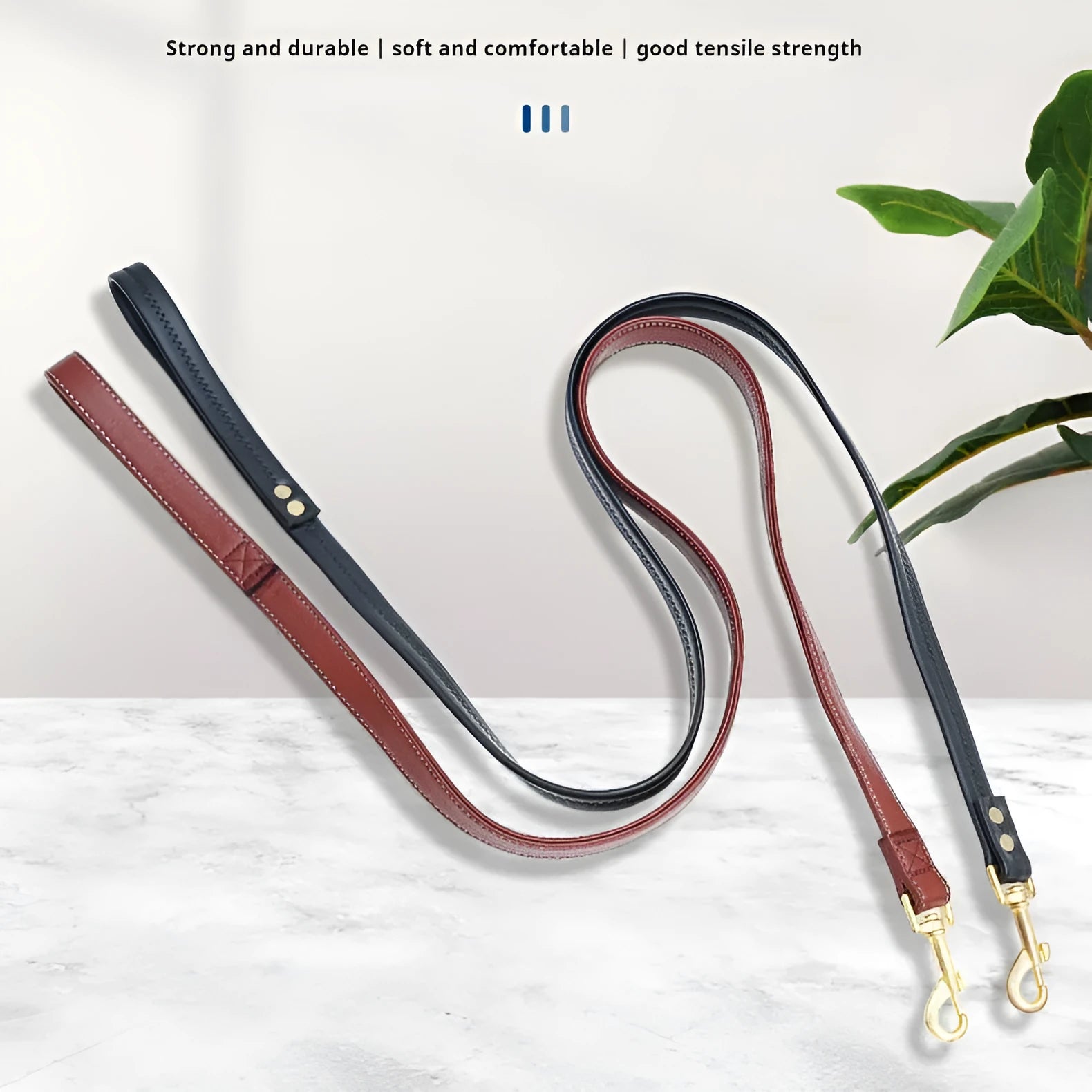 Black PU leather pet traction belt with chain ring in extended position