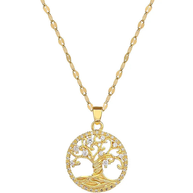 Gold plated necklace with mother pearl pendant and rhinestone lucky tree pattern on stainless steel chain