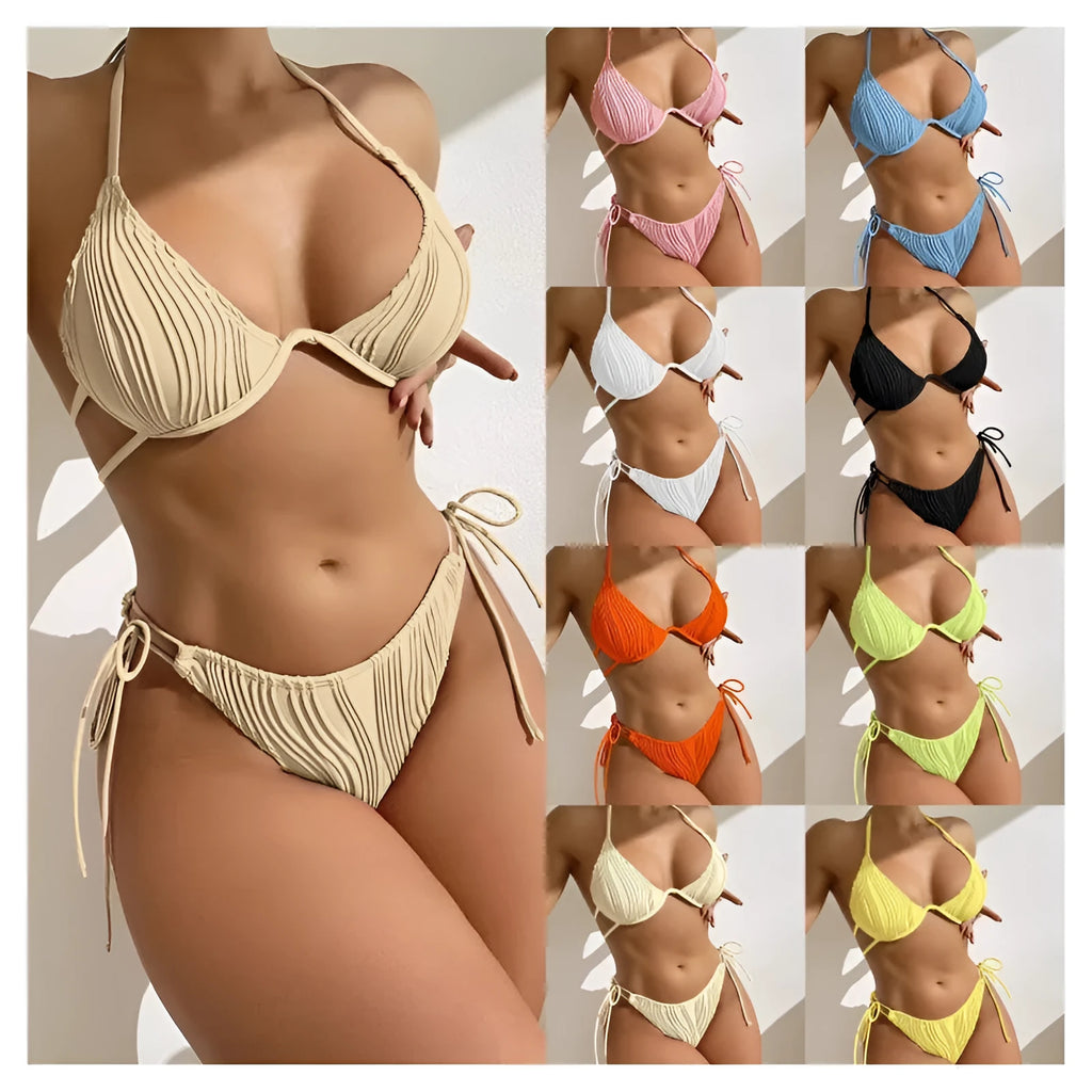 Women's apricot split bikini with steel bracket underwire, shown on size chart.