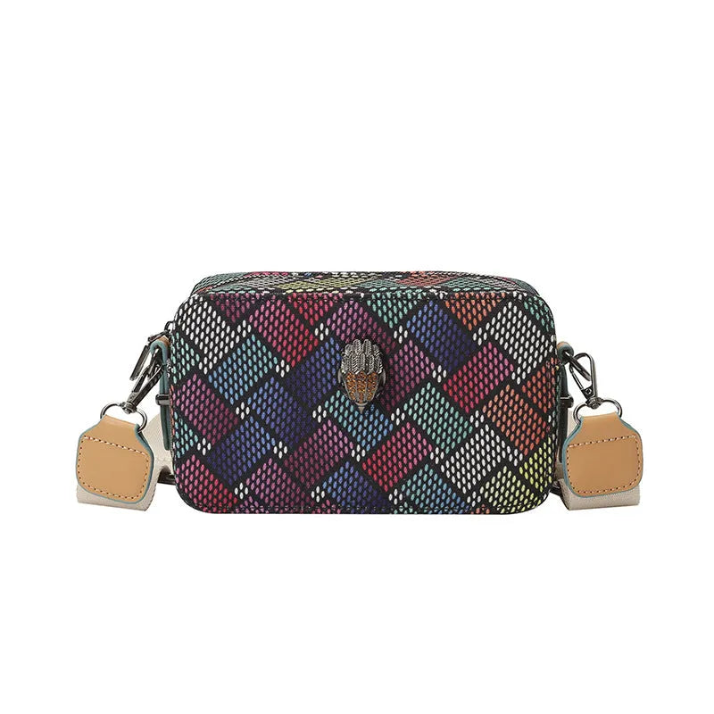 Soft PU camera bag with eagle head wide shoulder strap in blue, outer sandwich pocket, horizontal square shape