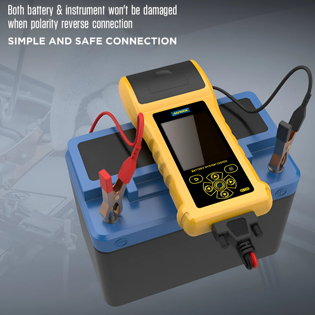 Autool BT760 colour screen vehicle battery tester with red and black clips and printed diagnostic receipt.