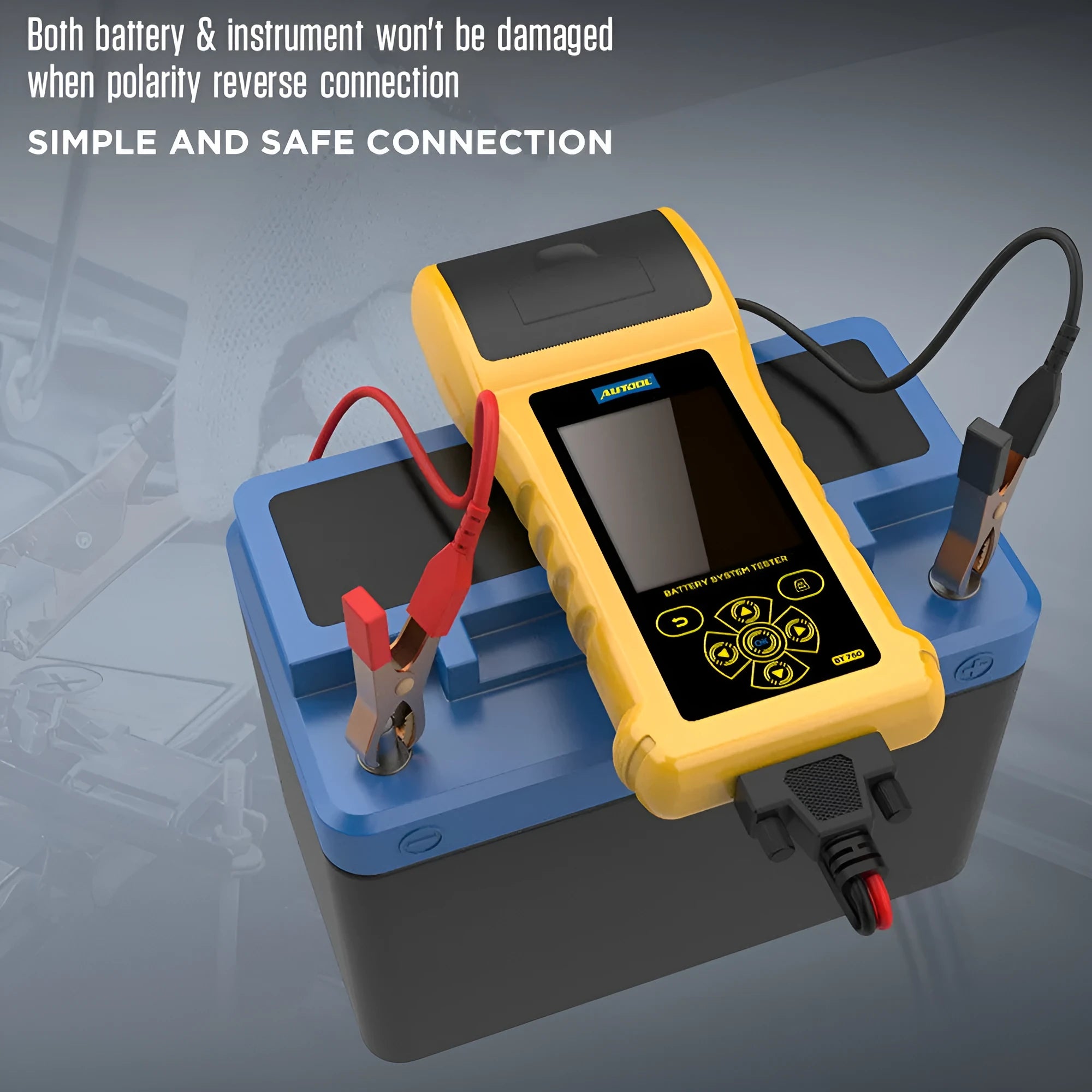 Autool BT760 colour screen vehicle battery tester with red and black clips and printed diagnostic receipt.