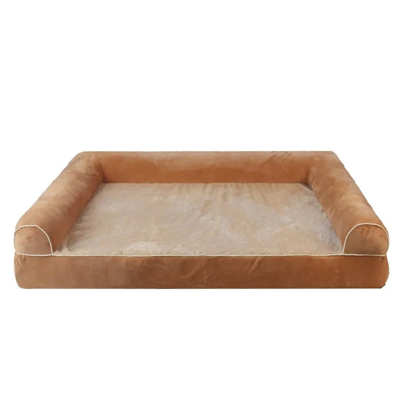 Square blue cloth dog bed with sponge fill on a wooden floor
