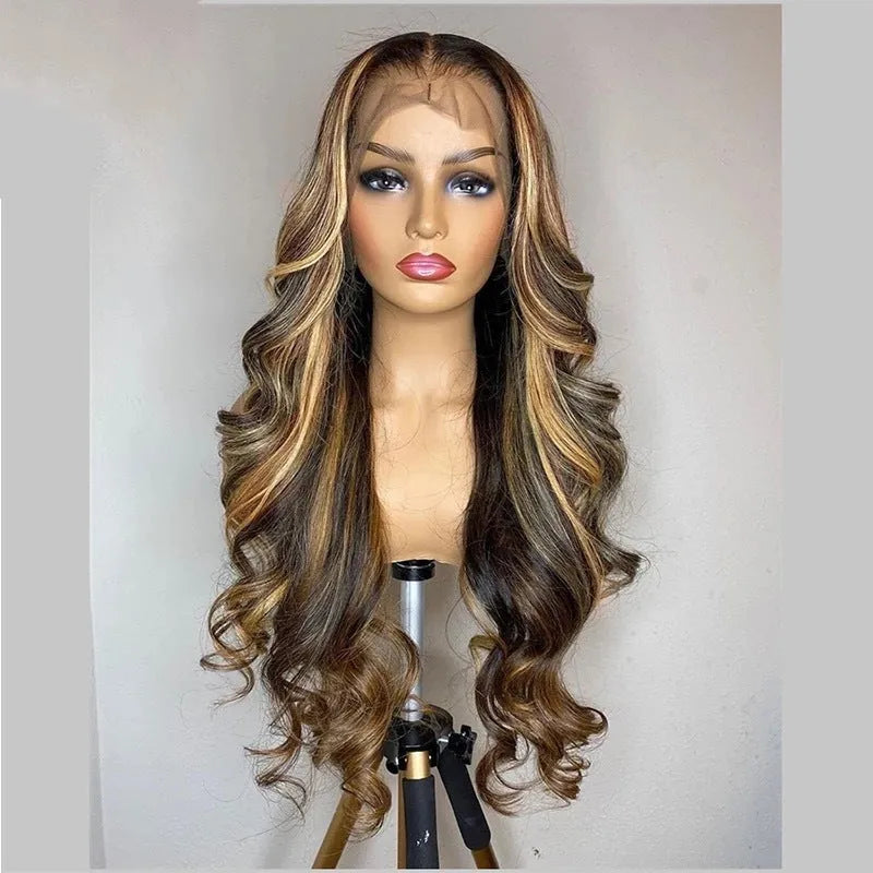Front lace wig with 134 gradient long curly synthetic hair and side bangs.