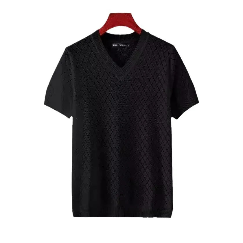 Men's ice silk V-neck t-shirt in black and white colours with Korean style pullover design