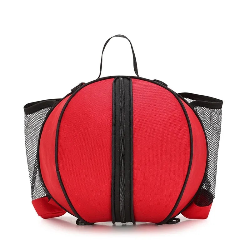 Black Oxford cloth basketball bag with one shoulder strap, shown next to a basketball.