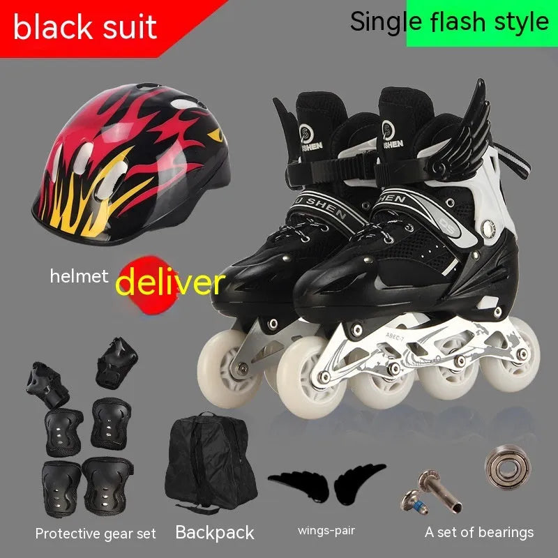 Adjustable children's skating shoes with aluminium frame wheels and protective gear set
