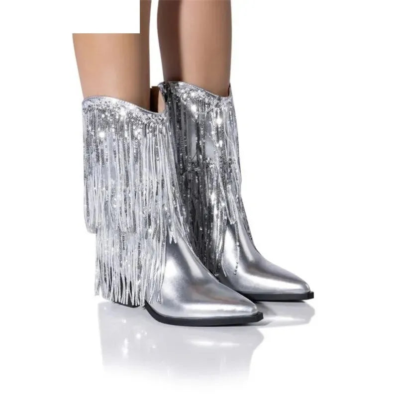 Women's black chunky heel tassel boot with a stiletto heel over 8cm and a mid-calf PU upper.