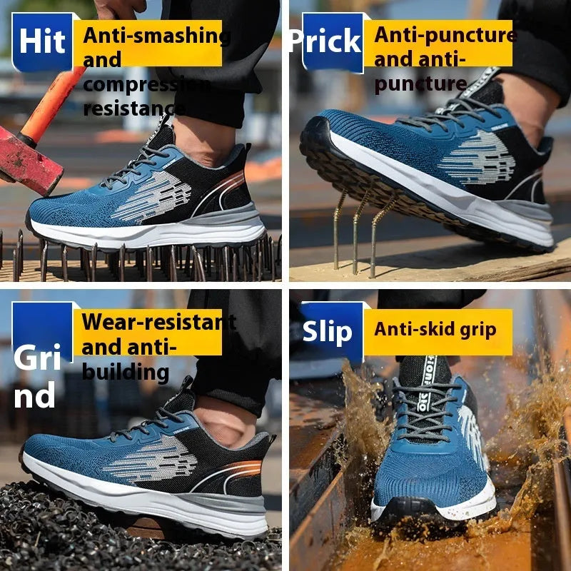 Blue men's lightweight safety work shoes with plastic toe cap and breathable mesh upper