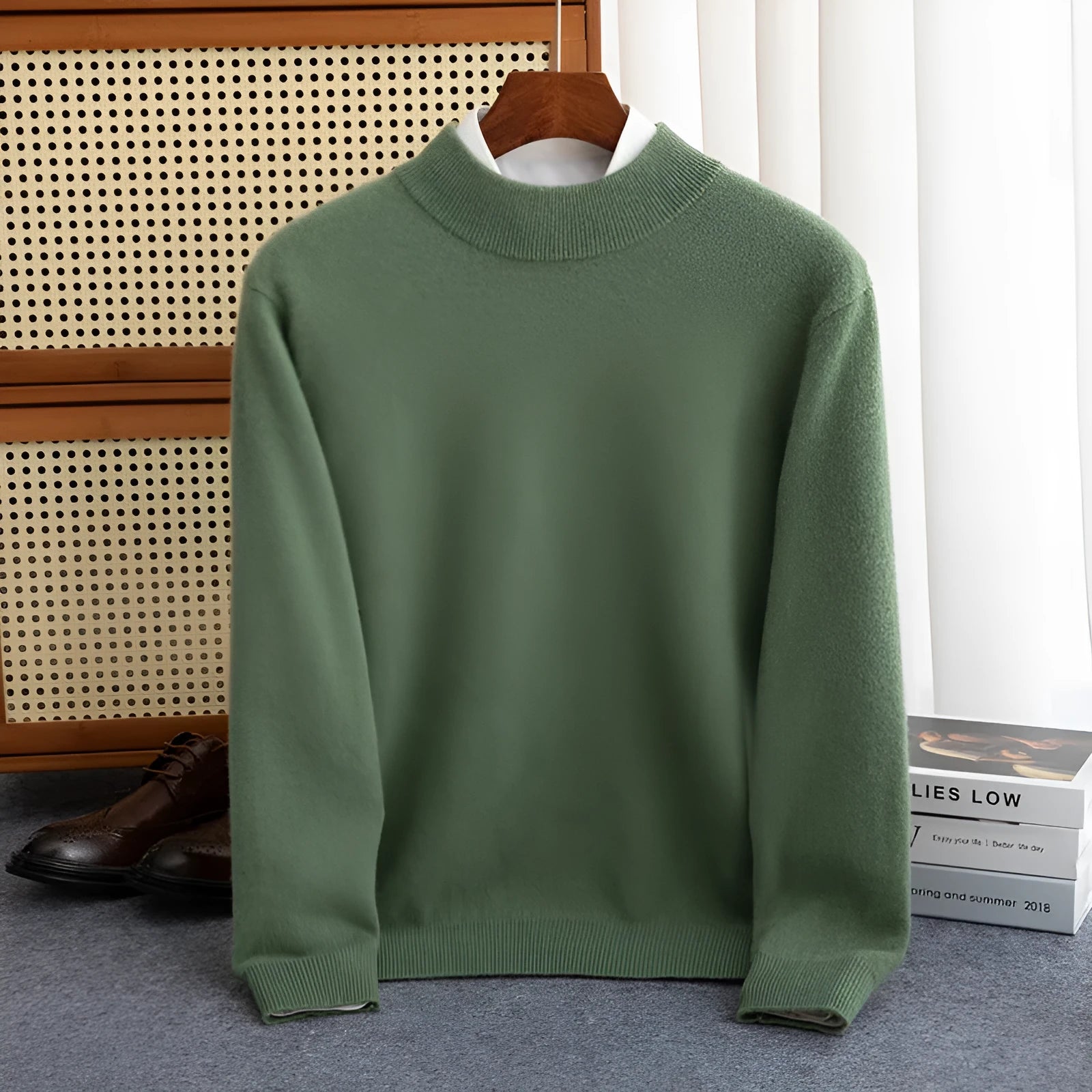Man wearing a loose-fit half-collar wool sweater in a light business style for winter.