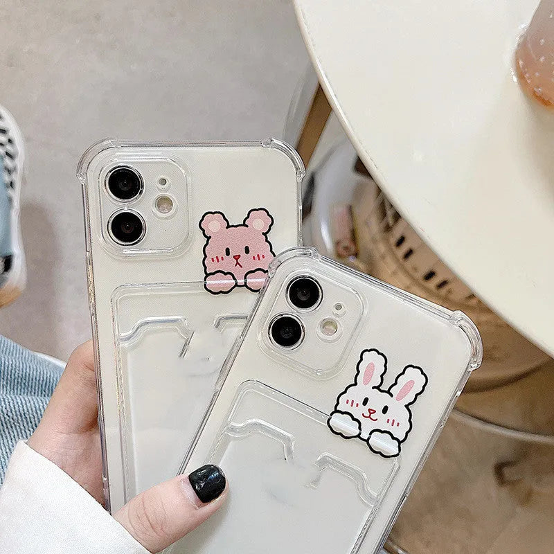 Transparent cartoon iPhone case with card holder slot for iPhone 13 and other models
