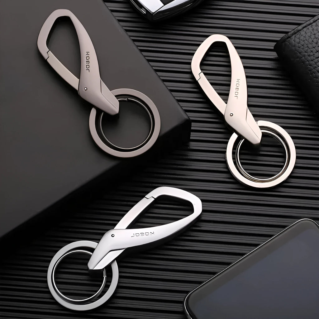 Zinc alloy car key waist hanging double ring keychain in black, chrome, or nickel colour showing 8.3cm x 3.5cm dimensions