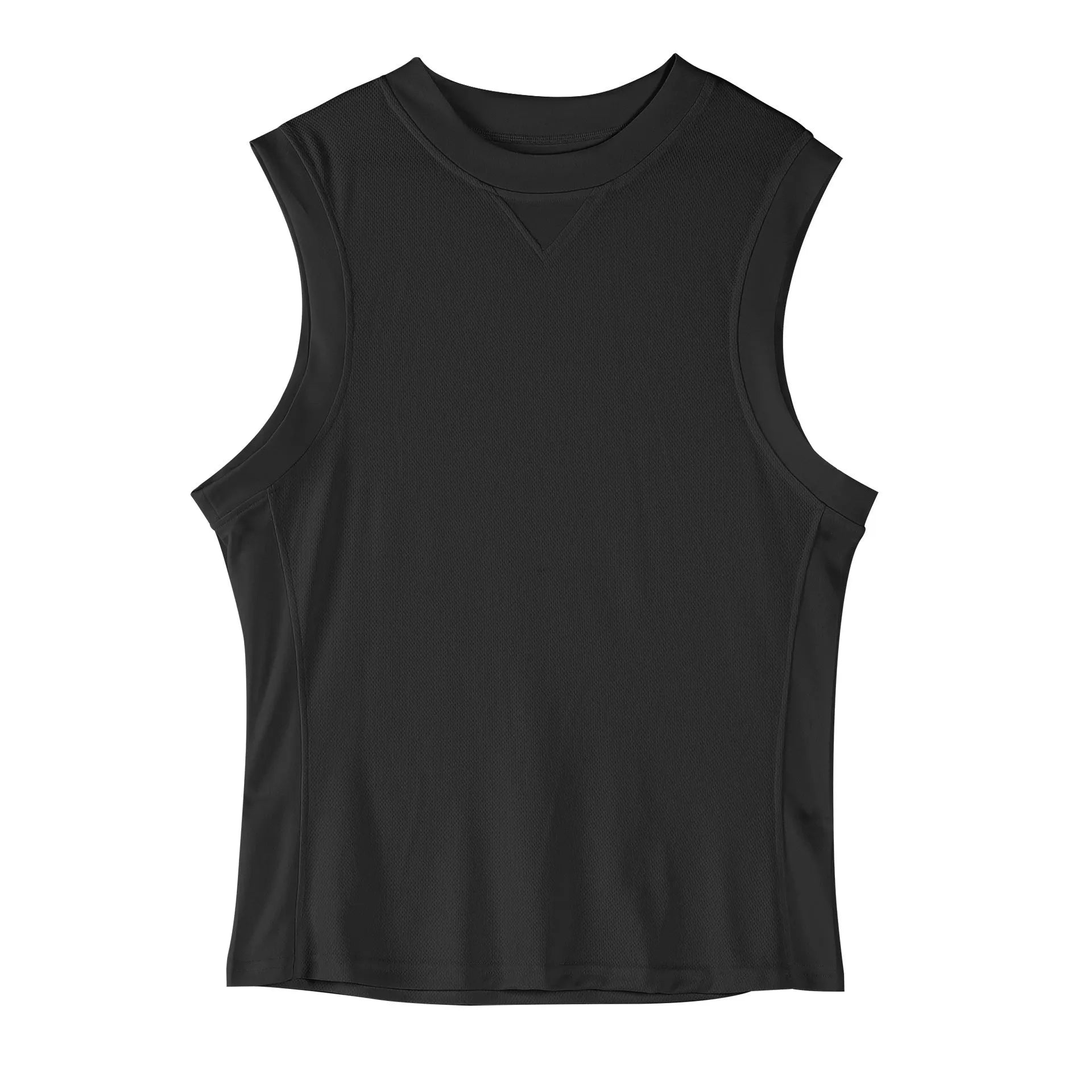 Men's loose fit sports vest in white or black colours showing chemical fibre blend quick-dry fabric