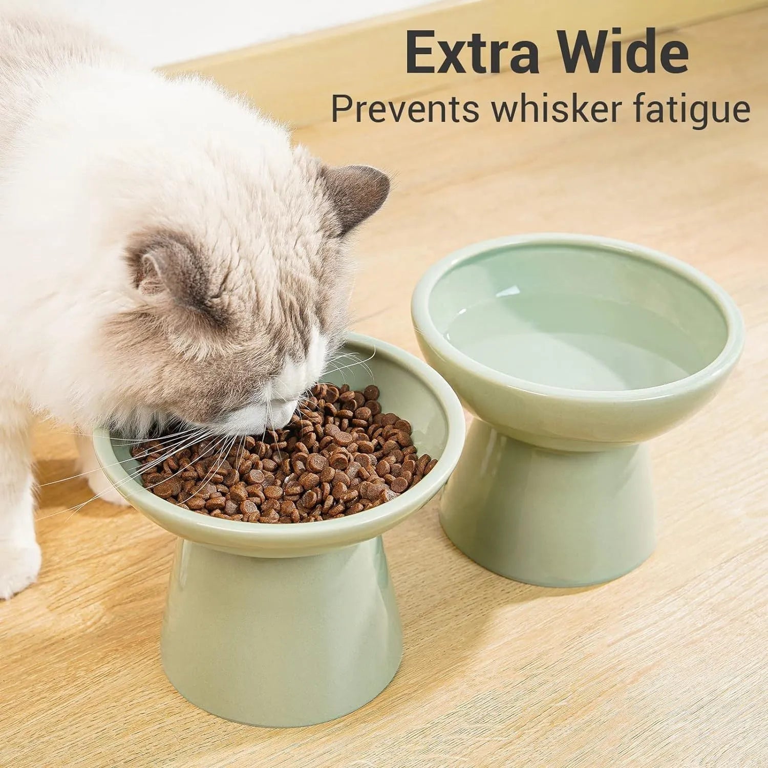 Blue ceramic elevated cat food bowl with wide shallow dish and raised base