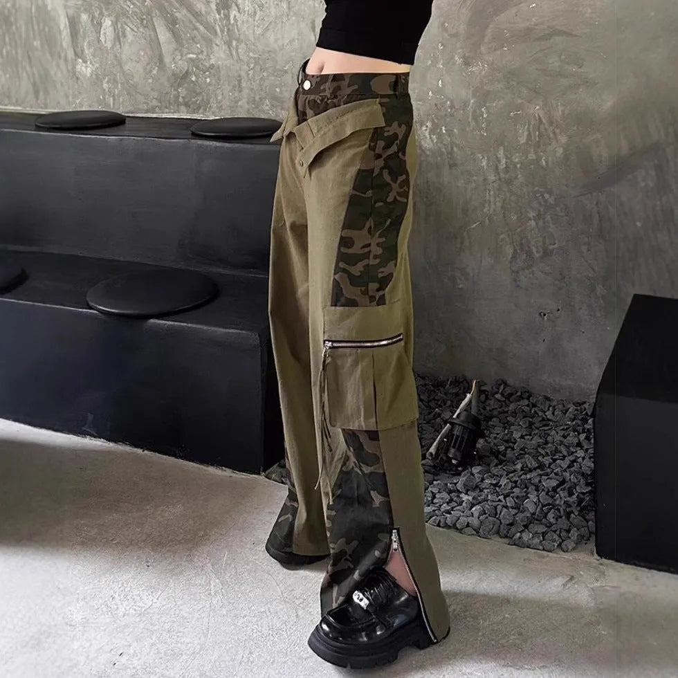 Women's dark khaki leopard print high waist straight leg jeans with retro stitching details