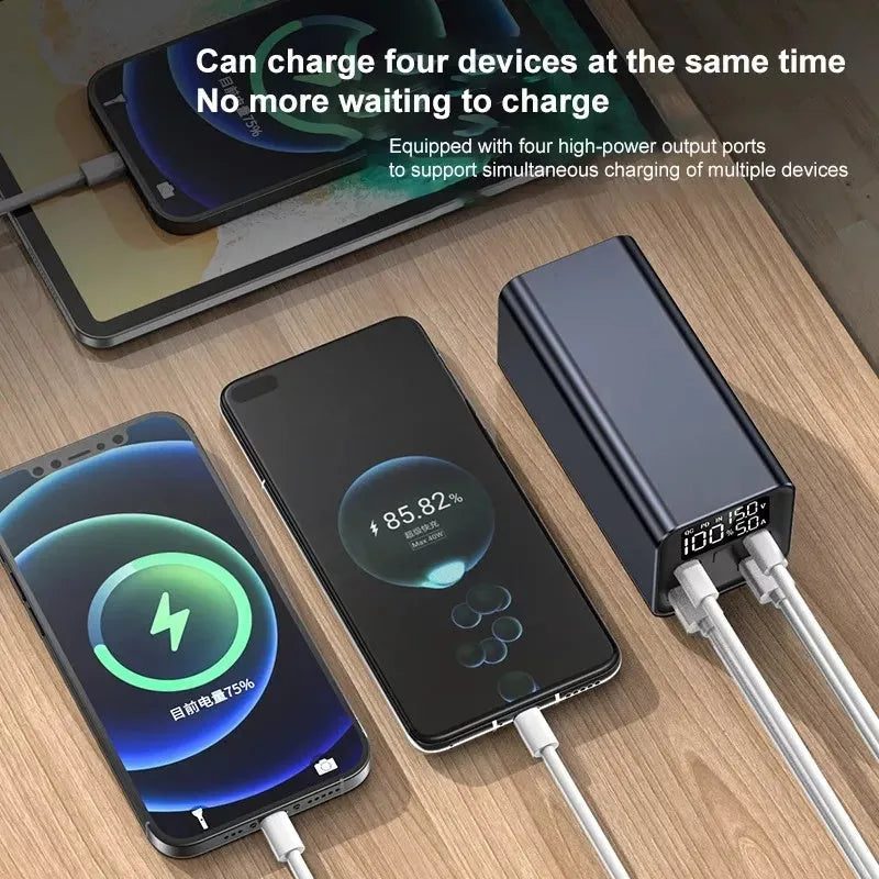65W 20000mAh metal laptop charging bank in black, blue or grey colours showing compact dimensions