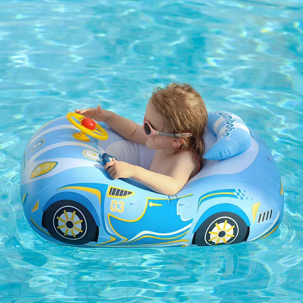 Inflatable children's swimming ring with mini steering wheel in pink sports car design